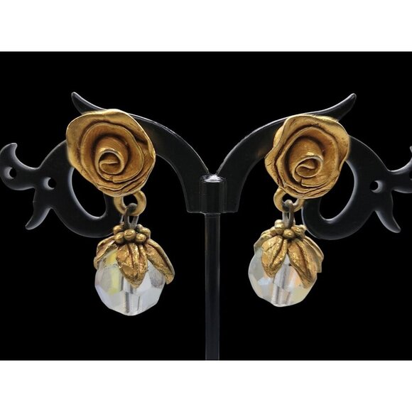 KH Rose Motif Dangle AB Crystal Post Earrings Signed Gold Tone Flower Elegant - Picture 1 of 16